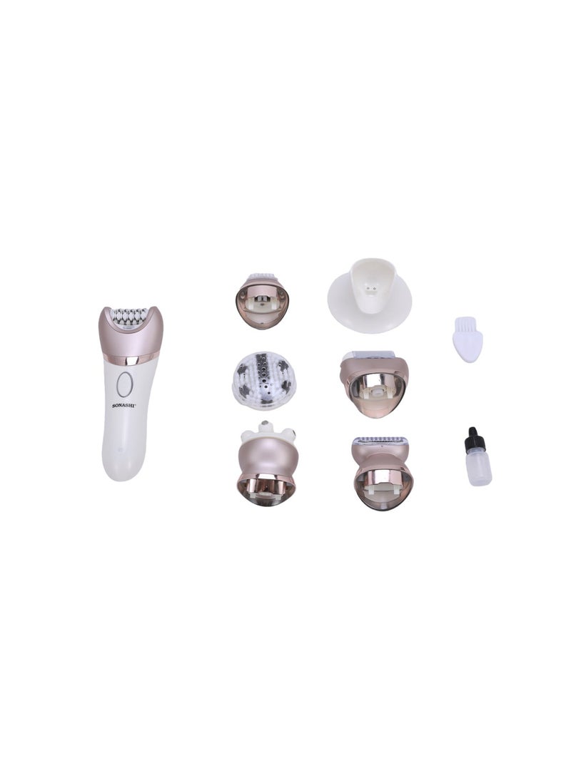 SONASHI 6-in-1 Rechargeable Lady Shaver | Washable Epilator with 5 Attachments | Stainless Steel Blades, Callous Remover & LED Light | 2-Speed Levels | Up to 90 Minutes Working Time | 5W Power, 1400mAh Battery | SLD-825 White/Rose Gold - Image 4