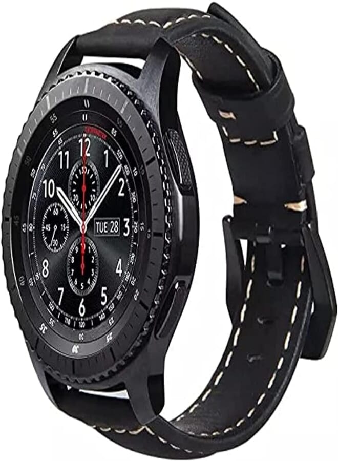 Bikson Handmade Leather Band with Black Stainless Steel Buckle for Samsung Gear S3 / Galaxy Watch 46mm / Huawei GT2 / Fossil - 22mm - Black