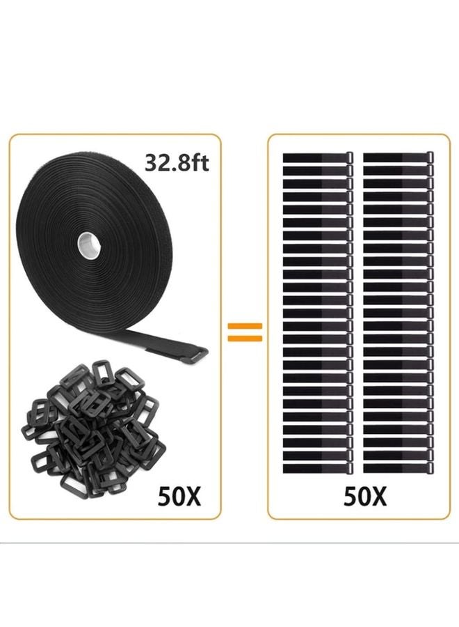 32.8ft Black Reusable Nylon Hook Loop Cable Tape With 50pcs Plastic Buckle Fastening Strap - Image 1