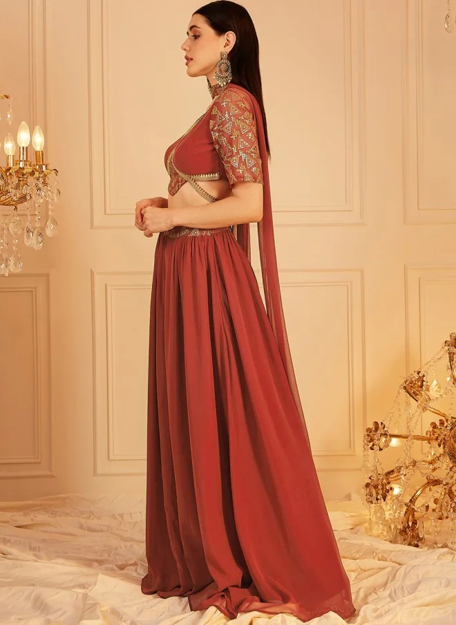 Indo Street Rust Embellished Lehenga With Blouse And Dupatta