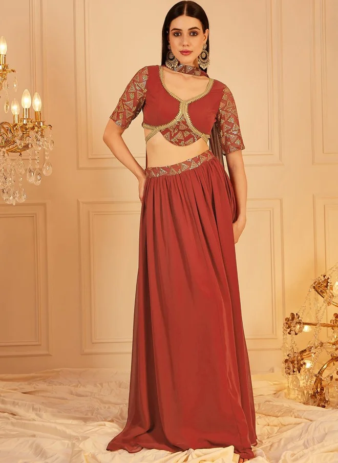 Indo Street Rust Embellished Lehenga With Blouse And Dupatta