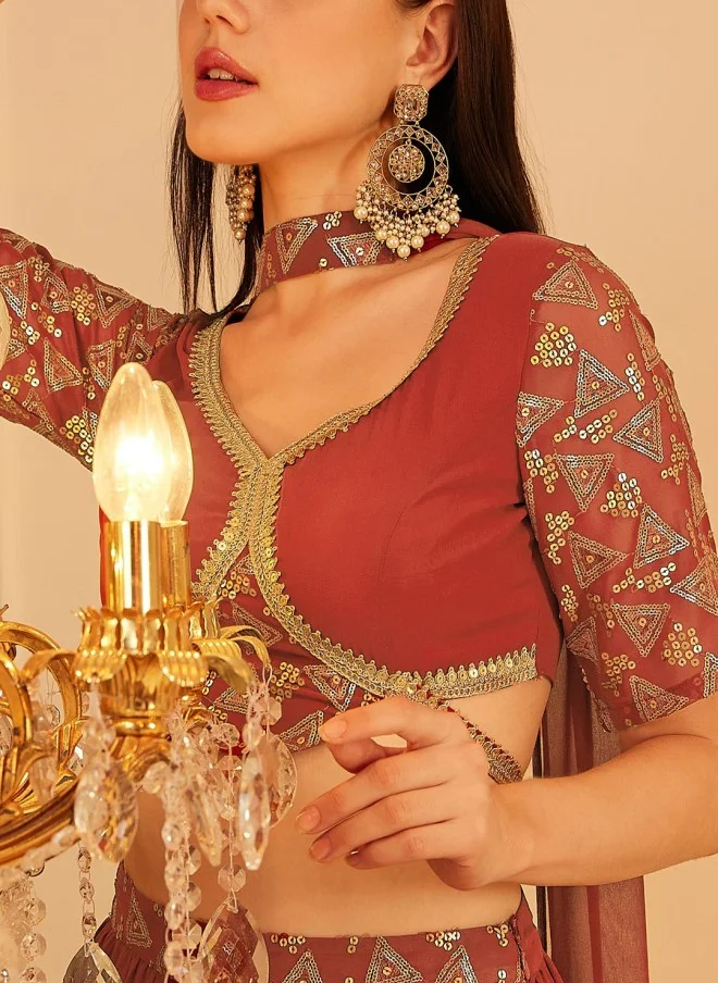 Indo Street Rust Embellished Lehenga With Blouse And Dupatta