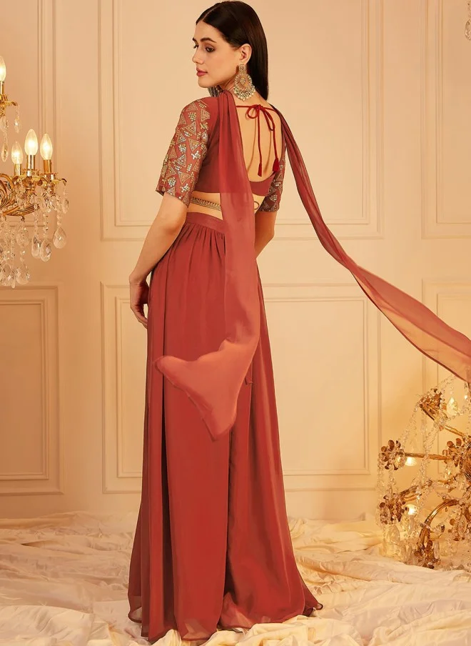 Indo Street Rust Embellished Lehenga With Blouse And Dupatta