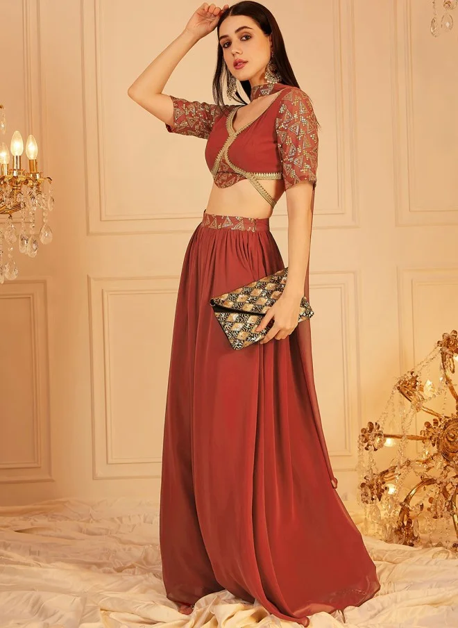 Indo Street Rust Embellished Lehenga With Blouse And Dupatta