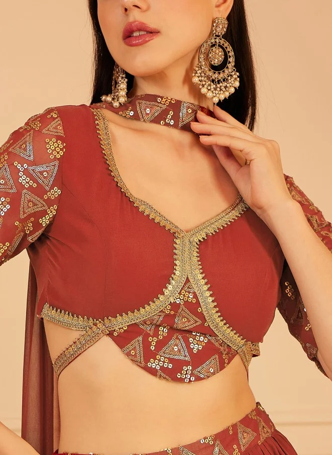 Indo Street Rust Embellished Lehenga With Blouse And Dupatta