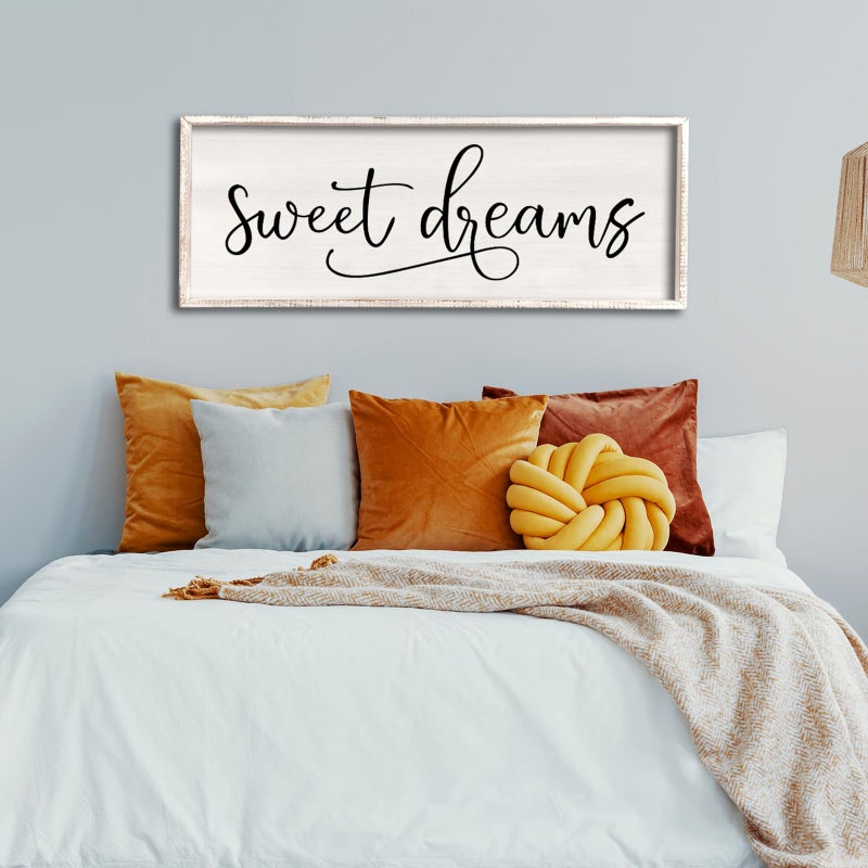 comurdyo Sweet Dreams Wall Decor Above Bed Sign 40" x 15" Master Bedroom Wooden Antique Framed Large Rustic Farmhouse Guest Room Beautiful Simple Hanging Plaque Over Bed Wall Art (White) - Image 4
