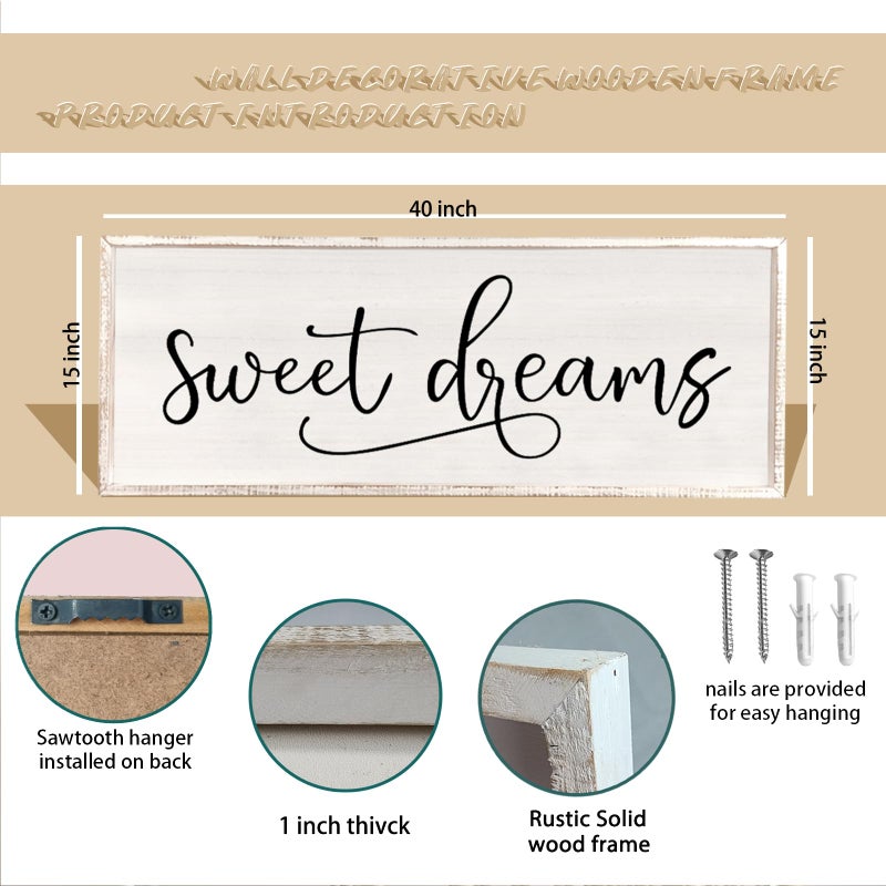 comurdyo Sweet Dreams Wall Decor Above Bed Sign 40" x 15" Master Bedroom Wooden Antique Framed Large Rustic Farmhouse Guest Room Beautiful Simple Hanging Plaque Over Bed Wall Art (White) - Image 2