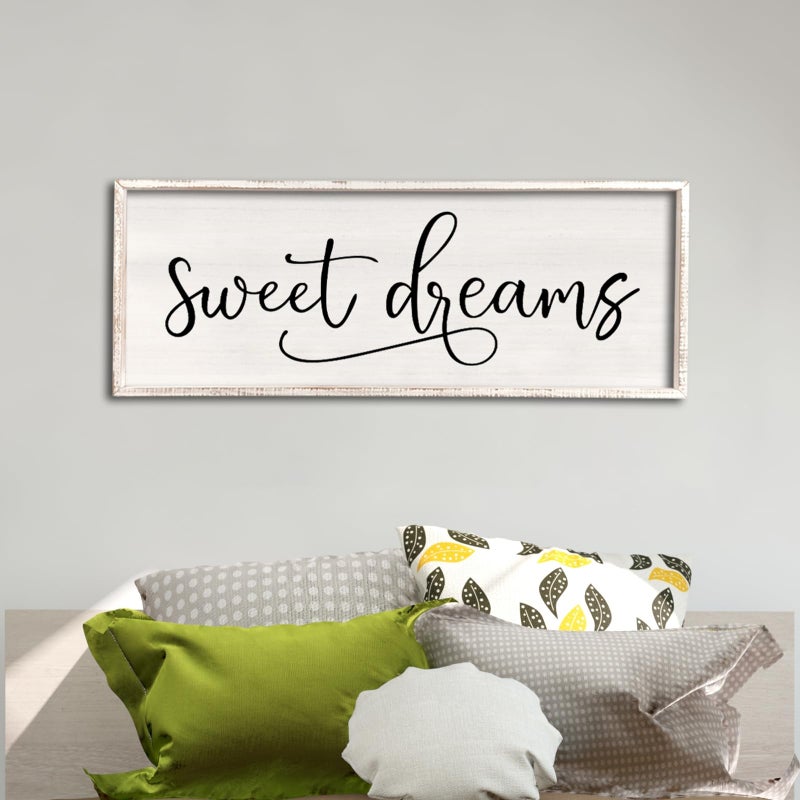 comurdyo Sweet Dreams Wall Decor Above Bed Sign 40" x 15" Master Bedroom Wooden Antique Framed Large Rustic Farmhouse Guest Room Beautiful Simple Hanging Plaque Over Bed Wall Art (White) - Image 1