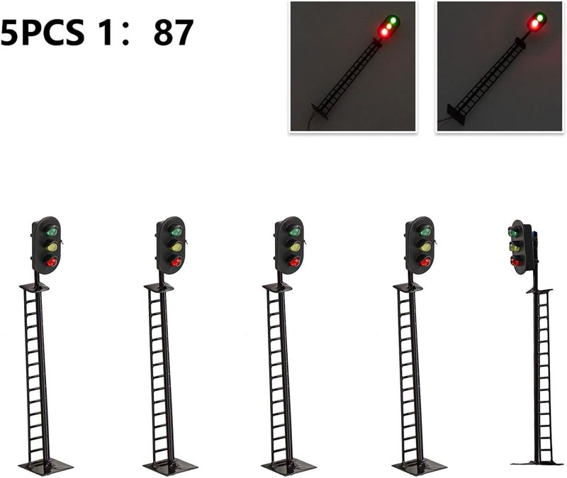 مجموعة من 5 مصابيح إشارة لنموذج قطار HO Scale بأضواء LED، مصنوعة من أنابيب فولاذية بنسبة تكبير 1:87، جهد 3V/12V لتصميمات السكك الحديدية والزينة الخارجية (ثلاث مصابيح) - Image 3