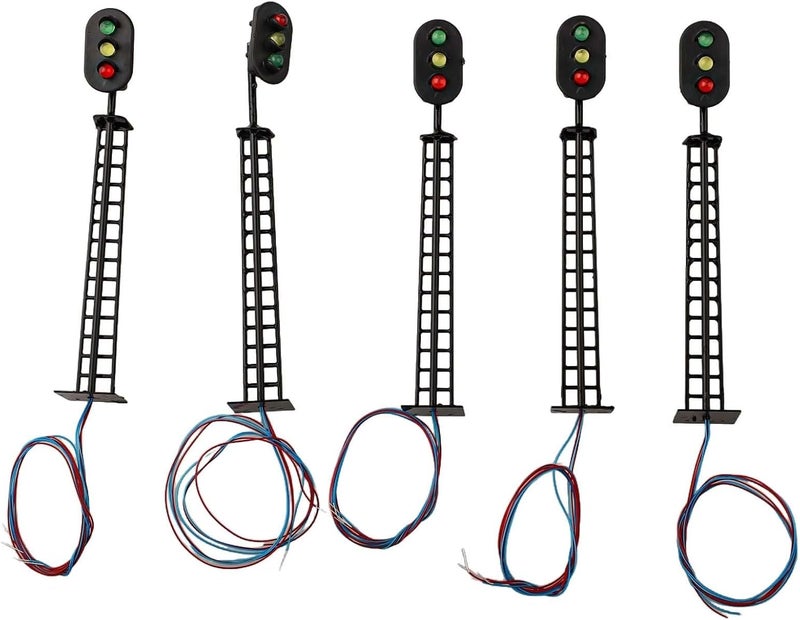 مجموعة من 5 مصابيح إشارة لنموذج قطار HO Scale بأضواء LED، مصنوعة من أنابيب فولاذية بنسبة تكبير 1:87، جهد 3V/12V لتصميمات السكك الحديدية والزينة الخارجية (ثلاث مصابيح) - Image 1
