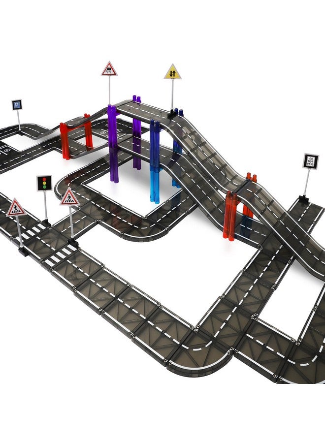 Playmags Magnetic Tiles Road Set for Kids - 130-Pieces Magnet Building Blocks Toy - Durable Creative STEM Learning Toys with Curved & Straight Car Race Track for Kids Ages 3+ - Image 2