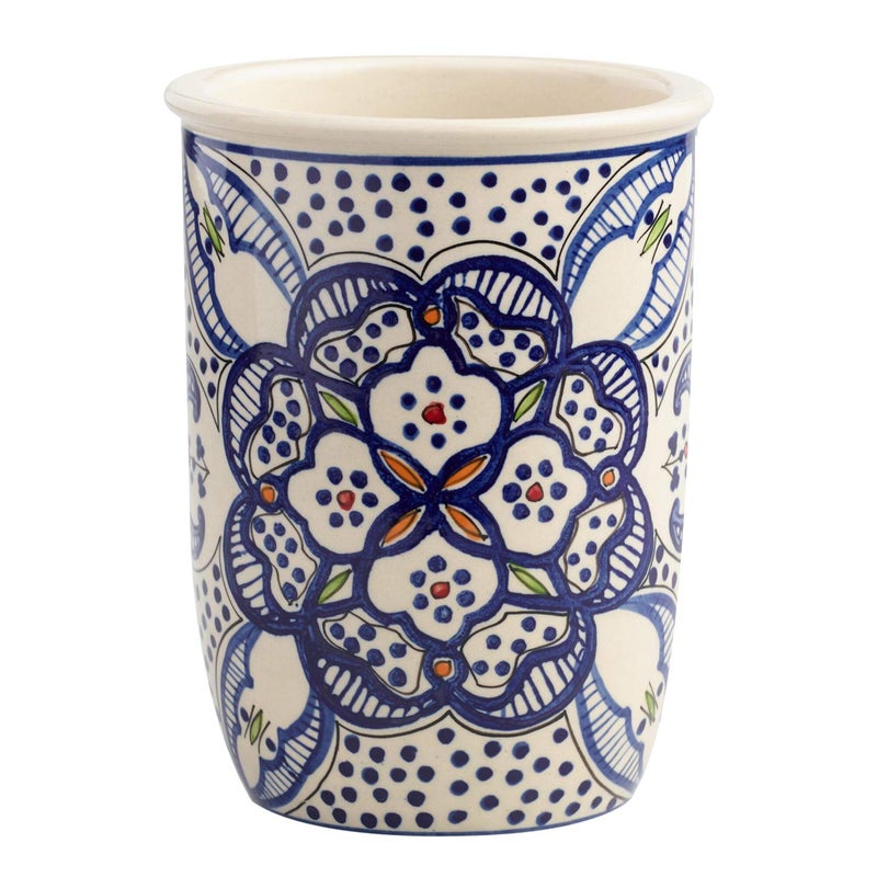 wm Tunis Utensil Caddy Utensil Crock Utensil Organizer Ceramic Utensil Holder Large Sturdy Hand Crafted and Painted Blue and white North African Design Kitchen Cooking Utensil Holders