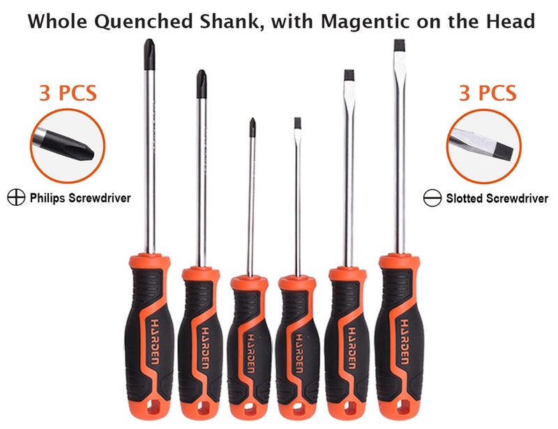 Harden Professional 6 Pcs Magnetic Screwdriver Set (Slotted 3Pcs, Phillips 3Pcs) - Magnetic Head, Made of CRV Steel, Non-Slip Handle 550396 - Image 2