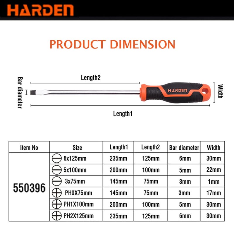 Harden Professional 6 Pcs Magnetic Screwdriver Set (Slotted 3Pcs, Phillips 3Pcs) - Magnetic Head, Made of CRV Steel, Non-Slip Handle 550396 - Image 3