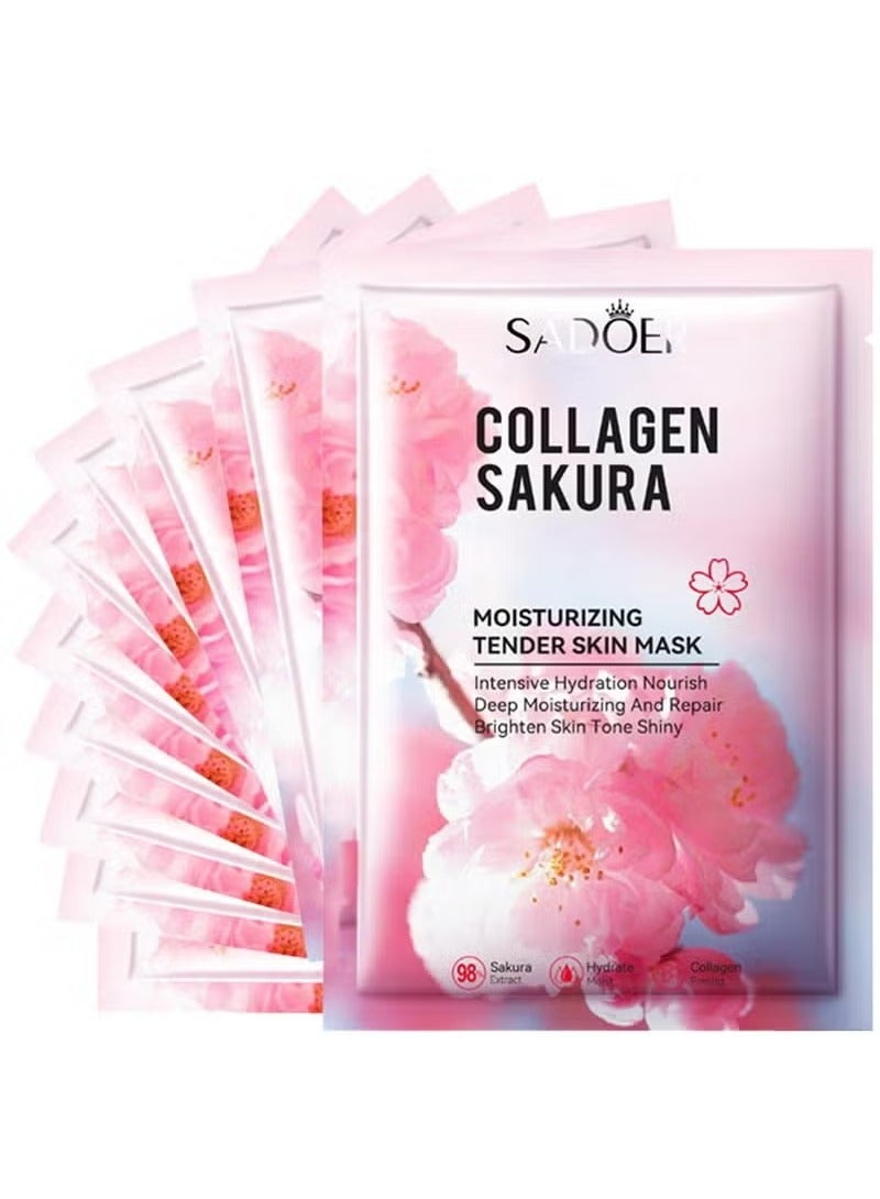 SADOER 10 PCS Sakura Korean Face Masks Skincare, Collagen Face Mask, Moisturize Facial Mask Hydrating Face Mask, Sheet Mask, Skin Repair Face Sheet Mask, Deep Moisturizing & Repairin - Image 1