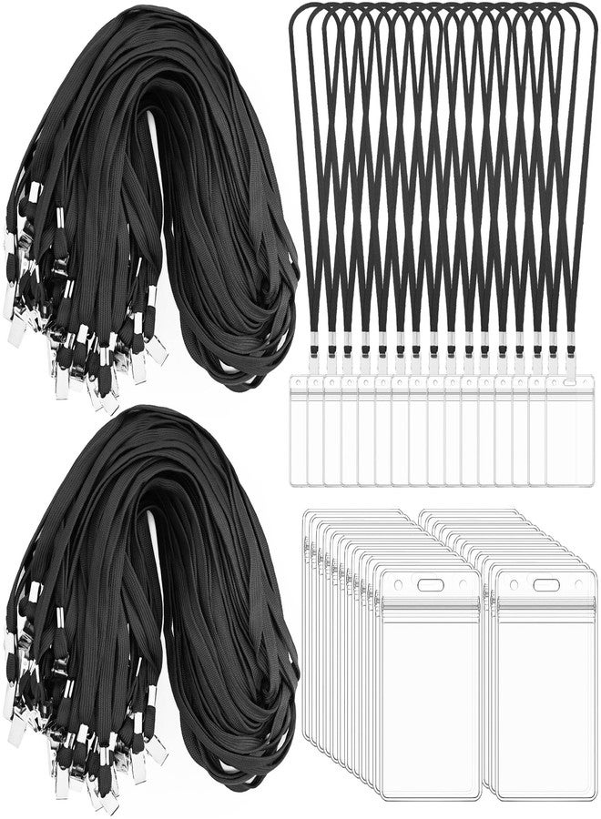 Beieverluck 200Pcs Clear Plastic Horizontal Name Tags Badge ID Card Holders 200 Pcs Neck Lanyards, Name Tags Lanyards and ID Holder for Nurses Teacher Students, Black - Image 1
