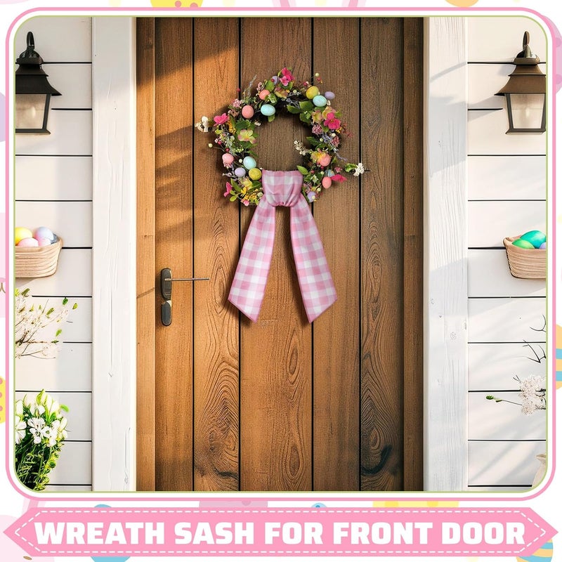 CraftyDream Wreath Sash for Front Door Wreath Satin Sash Blank Sashes Embroidery Monogram Yard Doorway Indoor Outdoor Wall Ribbon Bow Home Decor(Pink, White,Spring Buffalo Plaid) - Image 2