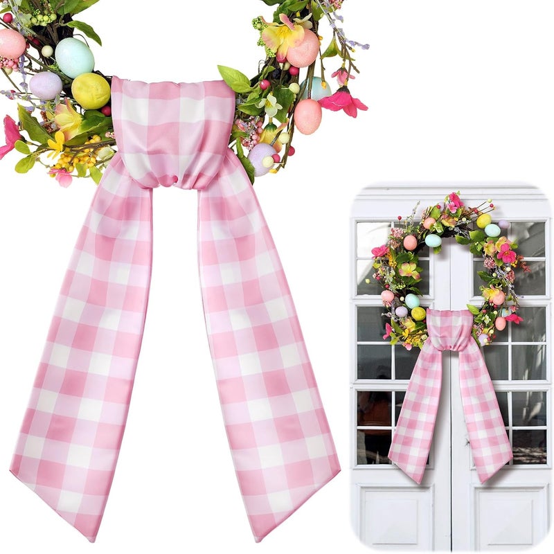 CraftyDream Wreath Sash for Front Door Wreath Satin Sash Blank Sashes Embroidery Monogram Yard Doorway Indoor Outdoor Wall Ribbon Bow Home Decor(Pink, White,Spring Buffalo Plaid) - Image 1