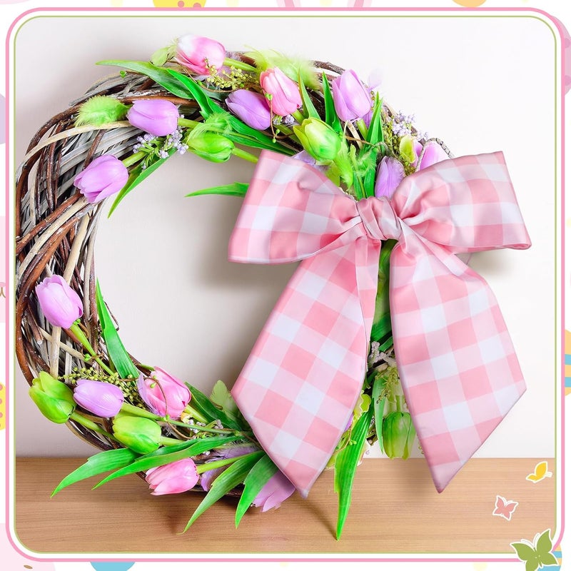 CraftyDream Wreath Sash for Front Door Wreath Satin Sash Blank Sashes Embroidery Monogram Yard Doorway Indoor Outdoor Wall Ribbon Bow Home Decor(Pink, White,Spring Buffalo Plaid) - Image 5