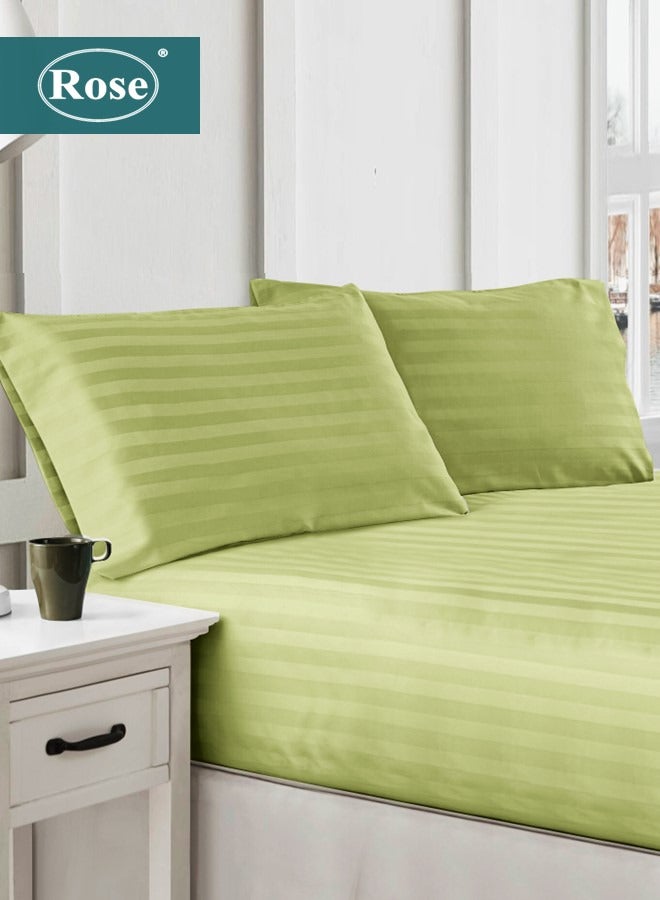 Rose Rose Luxurious Hotel Stripe Fitted Sheet with Deep Pockets and Pillow Cases, Bed Sheet 3-Pieces Set, Soft & Silky Microfiber Breathable and Cooling, King Size 200x200+35 cm, Green Apple - Image 1