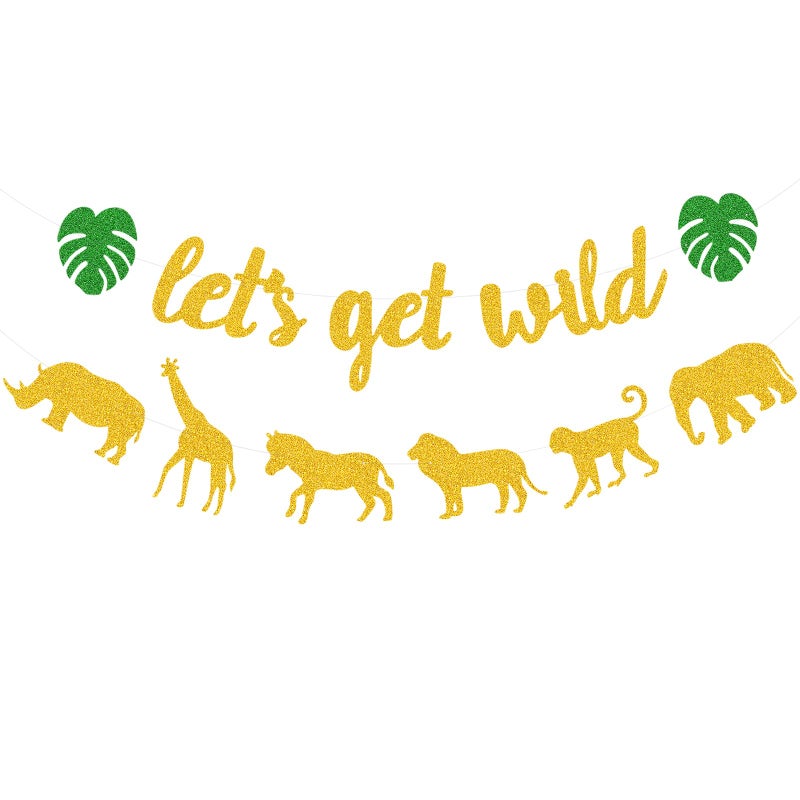 Joymee Lets Get Wild Banner Animal Jungle Safari Animal Theme Birthday Garland Zoo Themed Baby Shower Wild One Party Welcome Sign Forest 1st Birthday Party Decorations Gold Glittery - Image 1