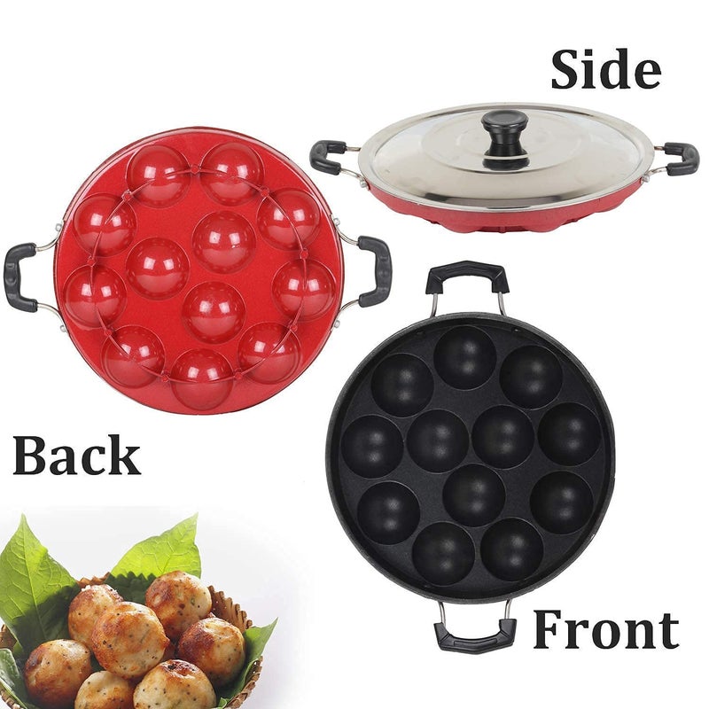 KD ZONE 12 Cavities Non Stick Appam Patra with Lid and Side Handle/appe/aapee ka Sacha/panniyaram kadai/Appam Pan/kadai/Ponganal Maker/idali Maker/Non Stick/with Lid - Image 5