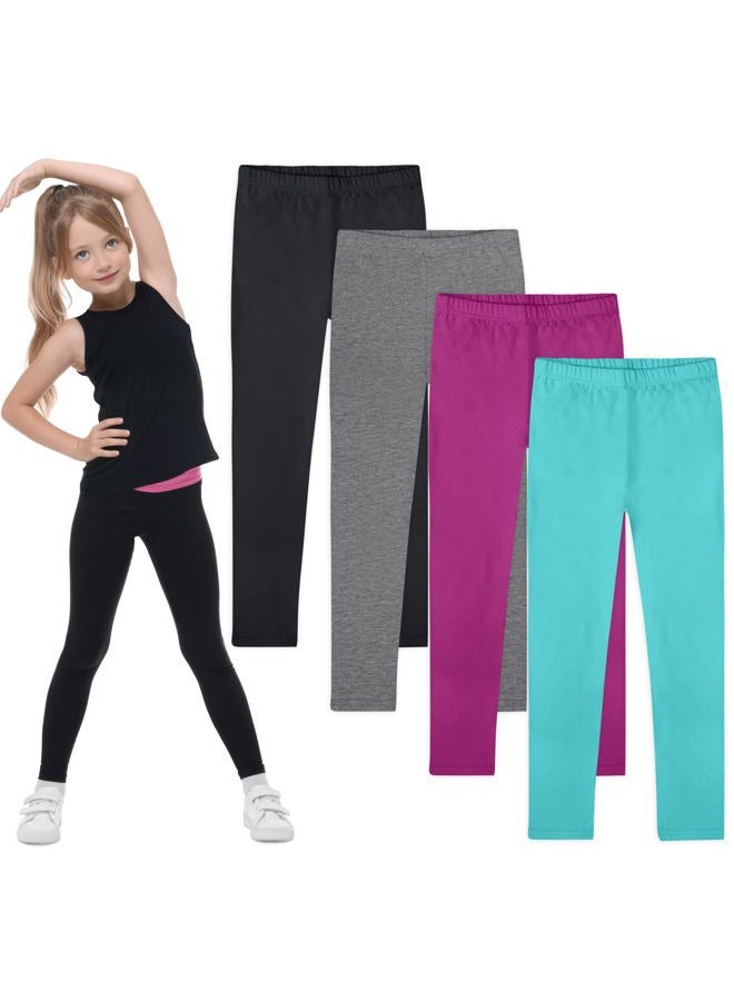 FEQO 4 Pack Girls Cotton Leggings Pants Full Length Basic Leggings Stretchy Legging Footless Tight Pants, Black, Gray, Pink, White, 6-7 Years - Image 1