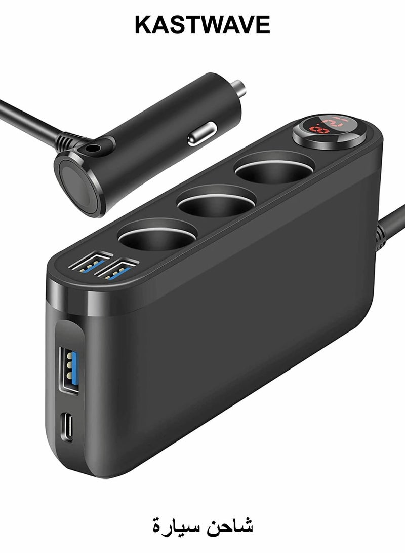 كاست ويف شاحن سيارة، موزع ولاعة سجائر 200 وات، 3 مقابس، PD3.0 (20 وات)، USB C، QC3.0 (18 وات)، شاشة LED للجهد، محول موزع سيارة 12 فولت/24 فولت مع سلك تمديد - Image 1