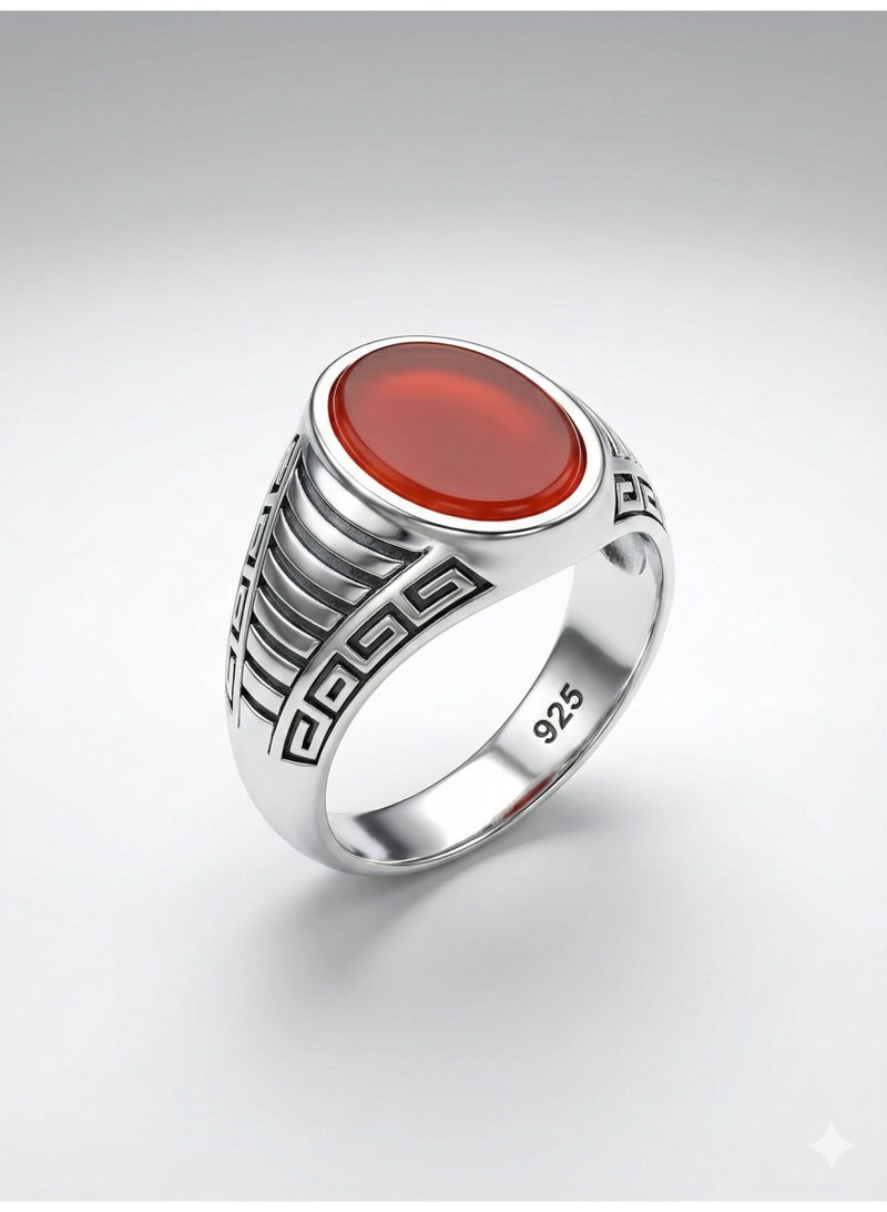 Fine Silver 925 Sterling Silver Men's Ring with Oval Red Stone and Greek Key Pattern