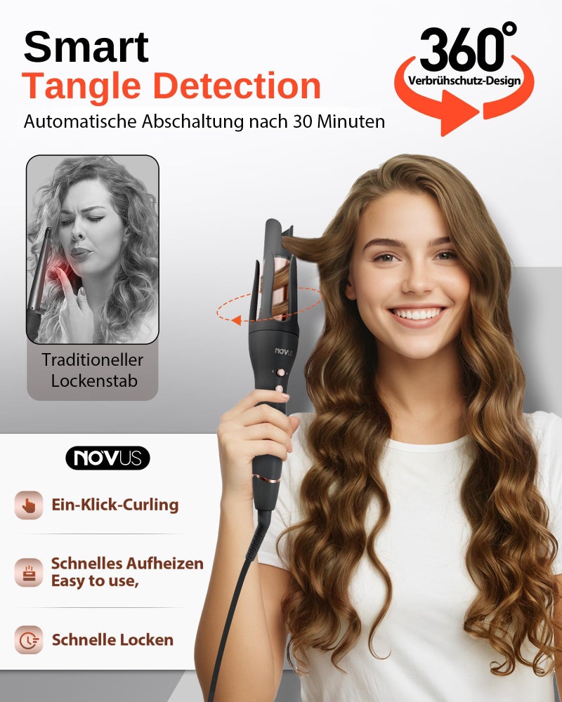 NOVUS Anti-Scald Automatic Ceramic Curling Iron, Rotating Wand, Auto Curling, 3 Temp Settings, 30Min Auto Shut Off, For All Hair Types - Image 5