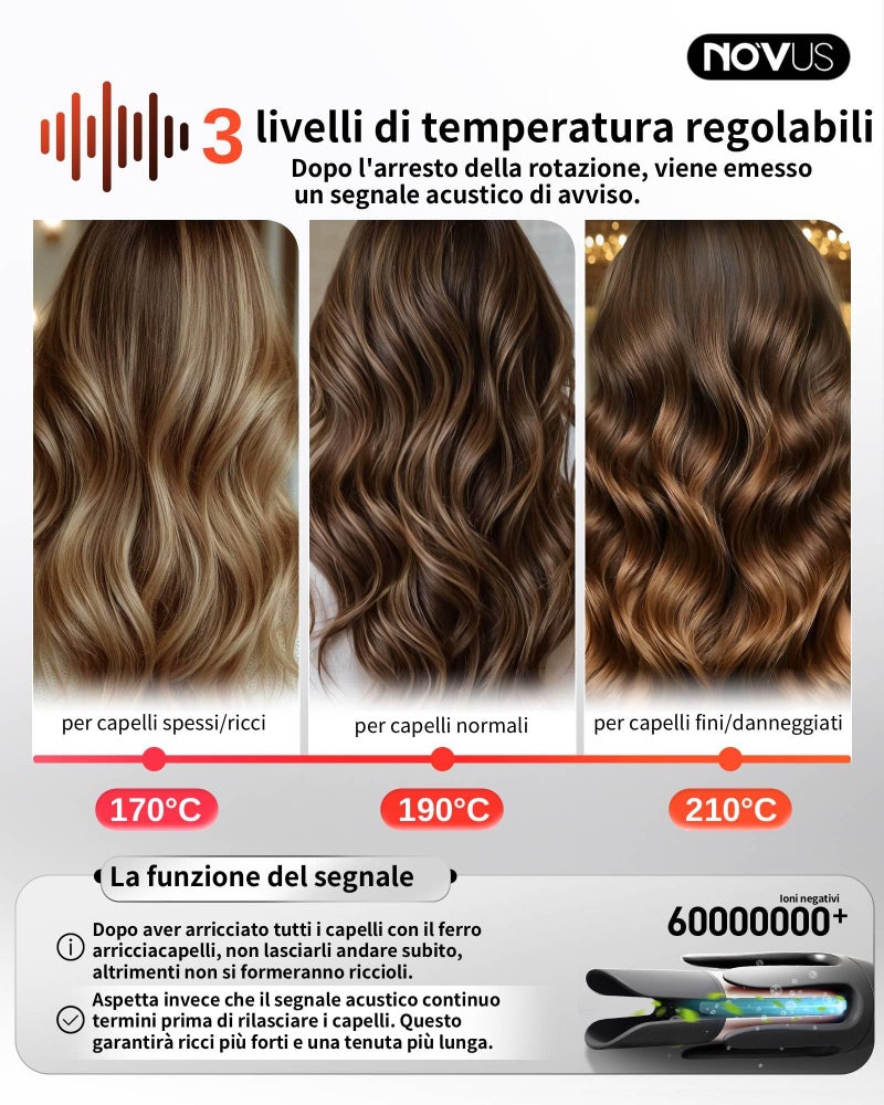 NOVUS Anti-Scald Automatic Ceramic Curling Iron, Rotating Wand, Auto Curling, 3 Temp Settings, 30Min Auto Shut Off, For All Hair Types - Image 2