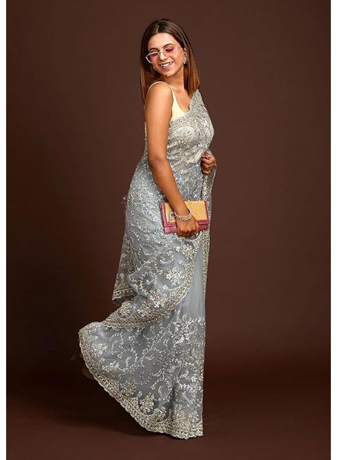 TRENDMALLS Women's Net Embroidery Saree with Blouse Piece - Image 2