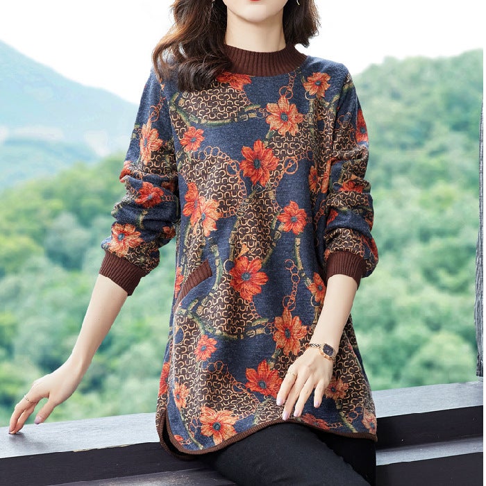 Composite fleece-lined Thickened Autumn and Winter Wear Middle-aged and Elderly Womens Color Mothers Wear Belly-covering Foreign Style Top Mid-length Base Shirt Blue [composite velvet]] 