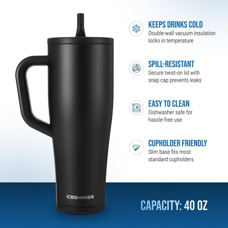 Ice Shaker 40 oz Tumbler with Handle and Straw | 40oz Black | Cold for 30+ Hours | 2-in-1 Tumbler Shaker Bottle | Odor-Free 40 ounce Bottle for Water, Protein Shakes, Smoothies, Cocktails - Image 4