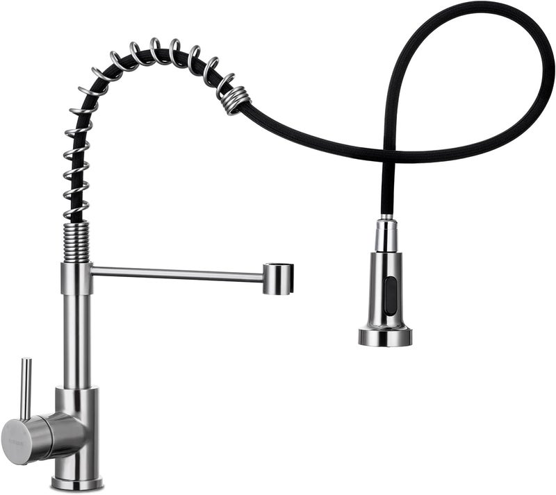 WEWE Kitchen Sink Faucet, Kitchen Faucets with Pull Down Sprayer Stainless Steel Single Handle Single Hole Brushed Nickel Commercial Industrial Spring Pull Out Laundry Farmhouse Kitchen Faucet - Image 1