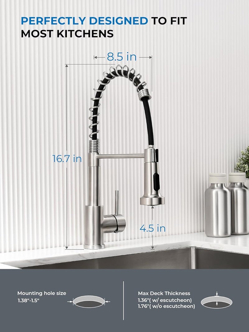 WEWE Kitchen Sink Faucet, Kitchen Faucets with Pull Down Sprayer Stainless Steel Single Handle Single Hole Brushed Nickel Commercial Industrial Spring Pull Out Laundry Farmhouse Kitchen Faucet - Image 4