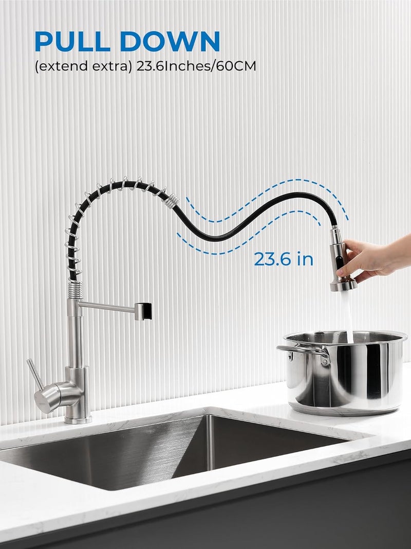 WEWE Kitchen Sink Faucet, Kitchen Faucets with Pull Down Sprayer Stainless Steel Single Handle Single Hole Brushed Nickel Commercial Industrial Spring Pull Out Laundry Farmhouse Kitchen Faucet - Image 3