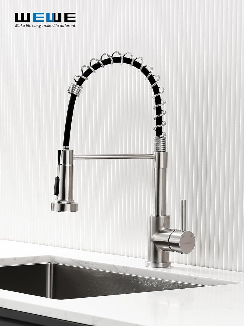 WEWE Kitchen Sink Faucet, Kitchen Faucets with Pull Down Sprayer Stainless Steel Single Handle Single Hole Brushed Nickel Commercial Industrial Spring Pull Out Laundry Farmhouse Kitchen Faucet - Image 2