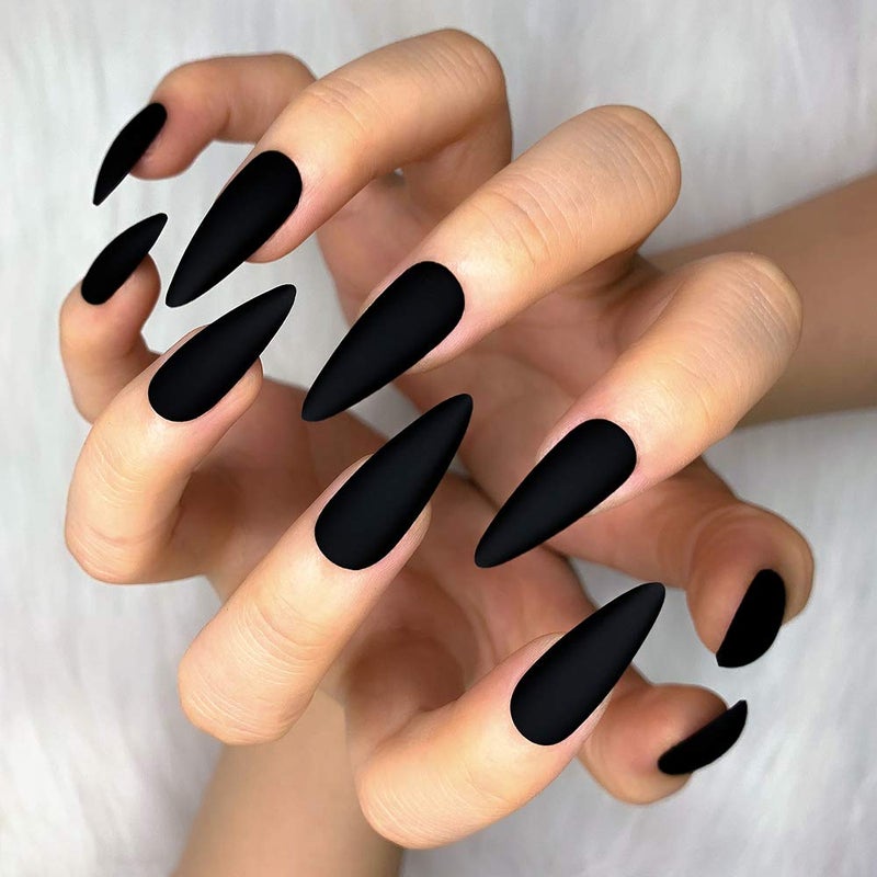 morily 24pcs Fake Nails Matte Pure Color Medium Long Stiletto Almond Press on Nail False Tips Artificial Finger Manicure for Women (Black) - Image 2