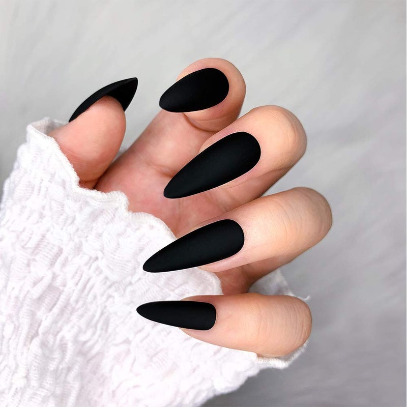 morily 24pcs Fake Nails Matte Pure Color Medium Long Stiletto Almond Press on Nail False Tips Artificial Finger Manicure for Women (Black) - Image 3