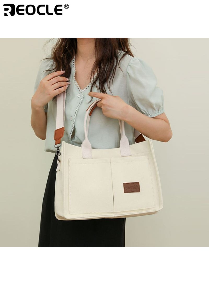 REOCLE Women's Canvas Tote Bag with Top Handle and Multi Pocket Design Crossbody Shoulder Purse with Spacious Interior for Daily Work Use - Image 2