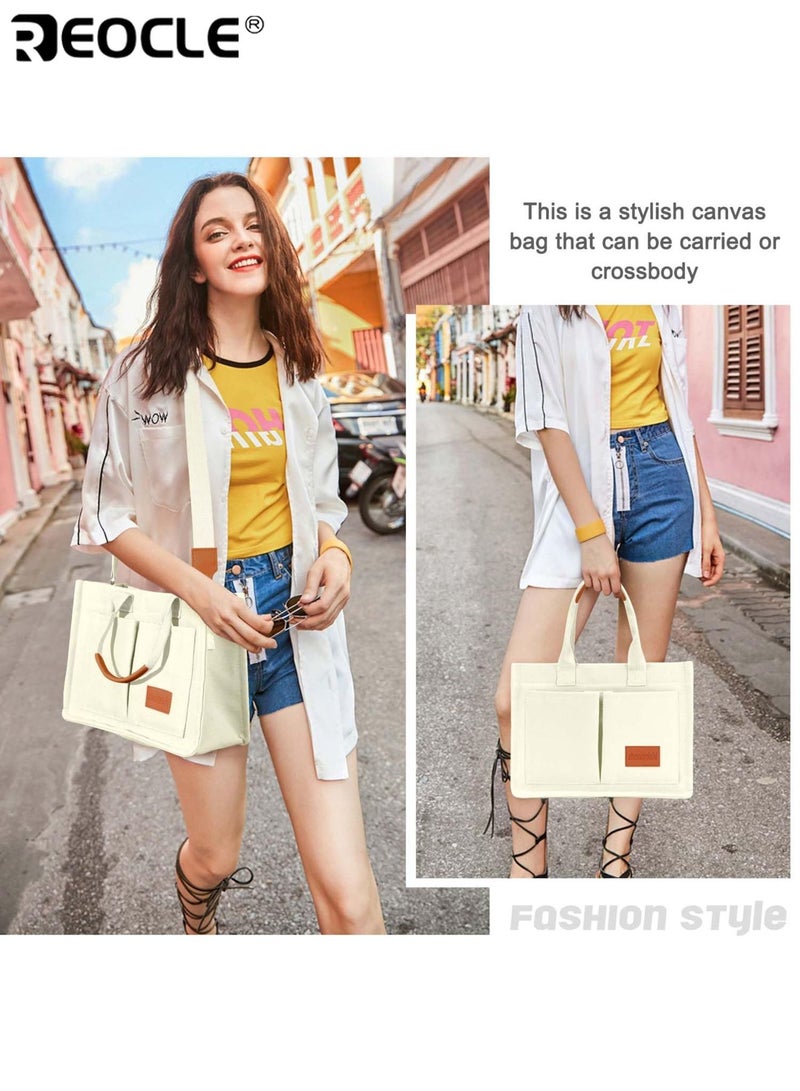 REOCLE Women's Canvas Tote Bag with Top Handle and Multi Pocket Design Crossbody Shoulder Purse with Spacious Interior for Daily Work Use - Image 5