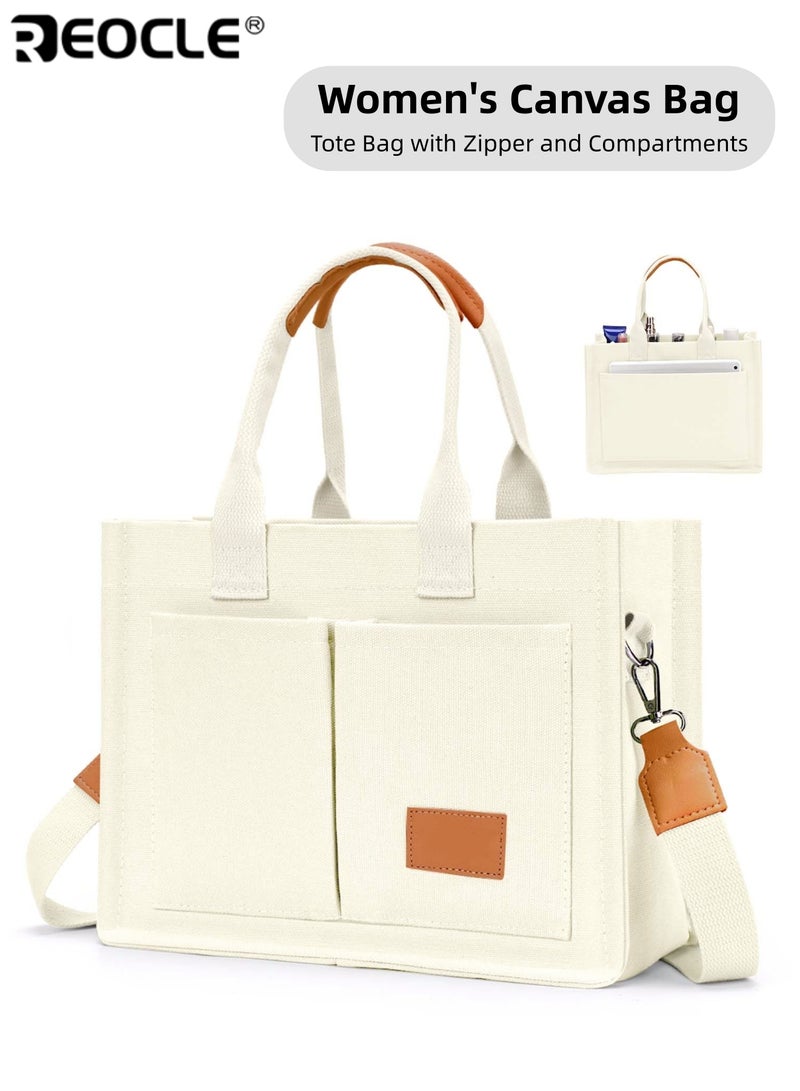 REOCLE Women's Canvas Tote Bag with Top Handle and Multi Pocket Design Crossbody Shoulder Purse with Spacious Interior for Daily Work Use - Image 1