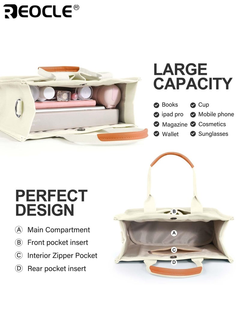 REOCLE Women's Canvas Tote Bag with Top Handle and Multi Pocket Design Crossbody Shoulder Purse with Spacious Interior for Daily Work Use - Image 3