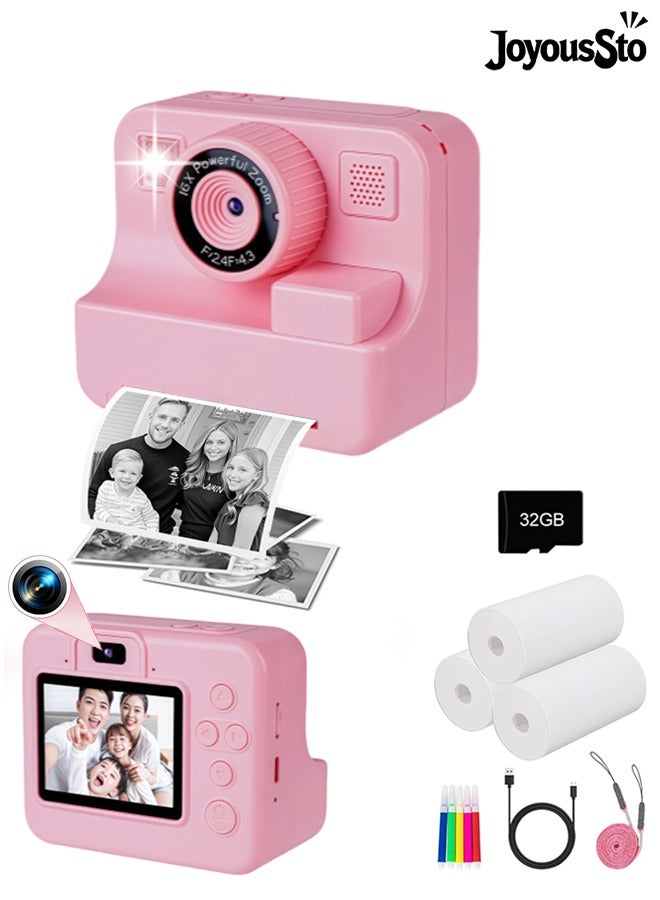 متجر الفرح كاميرا طباعة فورية للأطفال، كاميرا سيلفي ثنائية العدسة فورية للبنات والأولاد، ألعاب كاميرا للأطفال الصغار، كاميرا سيلفي رقمية عالية الدقة 1080 بكسل مع ورق طباعة وبطاقة 32 جيجابايت، هدايا عيد ميلاد للأعمار من 3 إلى 12 عامًا، وردي - Image 1