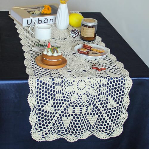 kilofly Handmade Crochet Lace Rectangular Table Runner 15 x 51 Inch, Beige - Image 2