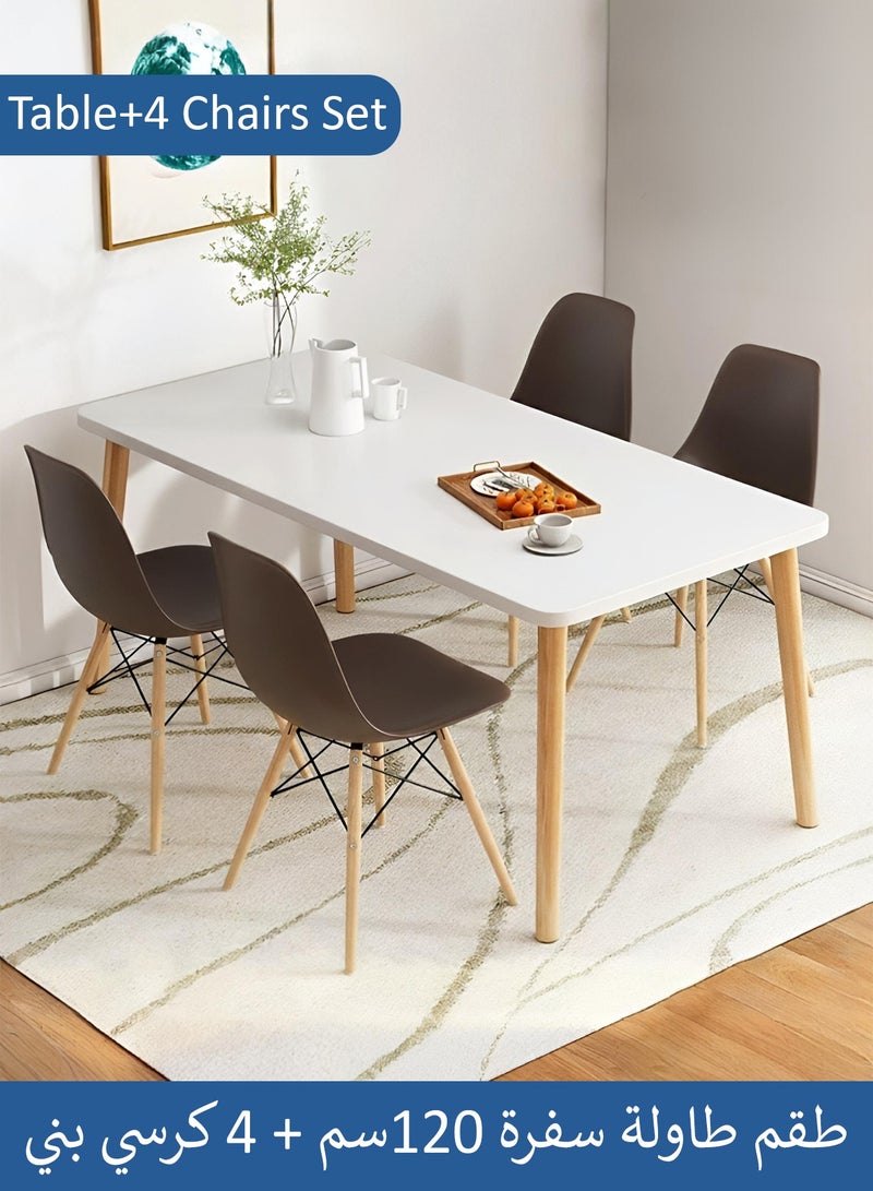 Taimi 5-Piece Dining Set, Modern Rectangular Dining Table with 4 Elegant Chairs | Solid White Wood Table 120x60x73cm with 4 Brown Plastic Chairs and Wooden Legs - Image 1