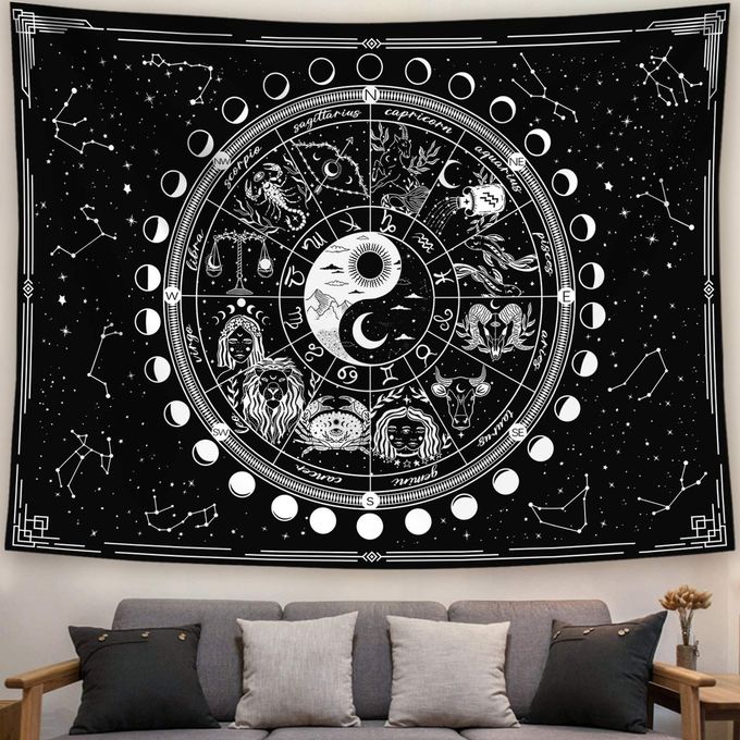 TWELVE CONSTELLATION TAPESTRYBLACK AND WHITE SUN AND MOON YIN AND YANG TAPESTRY MYSTIC WALL HANGING TAPESTRY FOR HOME DECOR 60X80