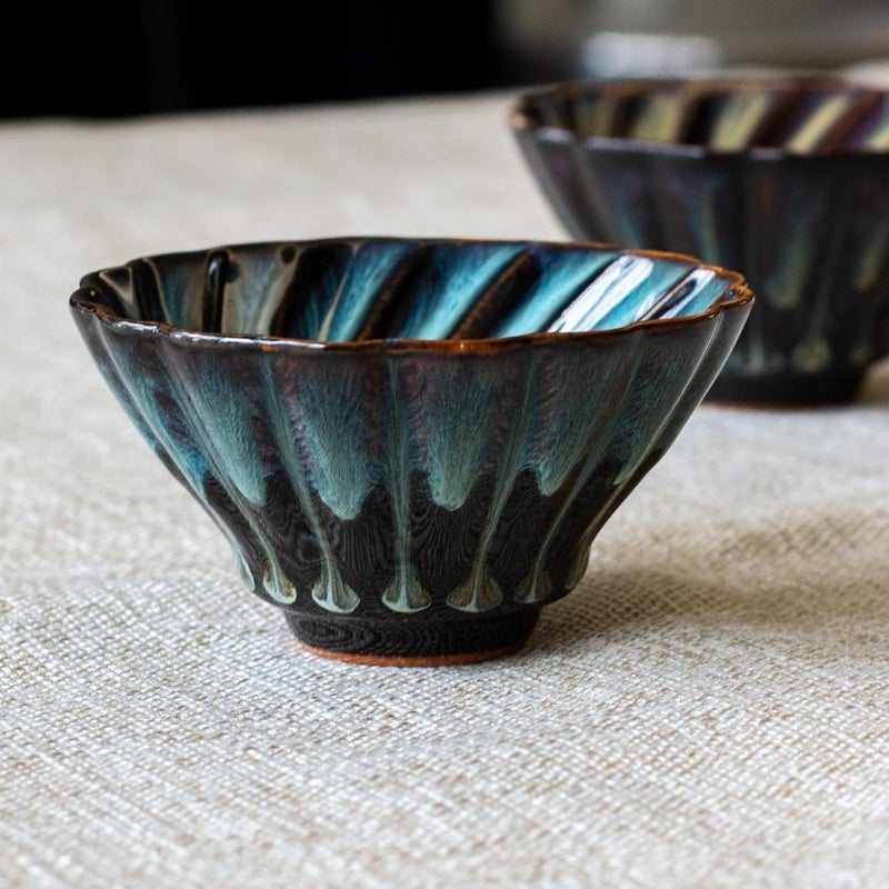 CmengAo Chinese Jianzhan Tea Cup Colorful Ceramic Glaze Tenmoku Tea Cup Kungfu Tea Bowl for Tea Matcha Coffee Handcrafts Art Porcelain Teacup Spiral Blue - Image 2