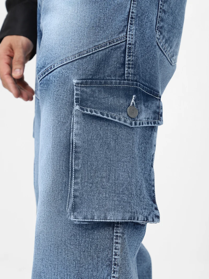 Urbano Fashion  Urbano Fashion Men's Light Blue Loose Baggy Fit Washed Cargo Jeans with 7 Pockets Non-Stretchable  | Best Price UAE